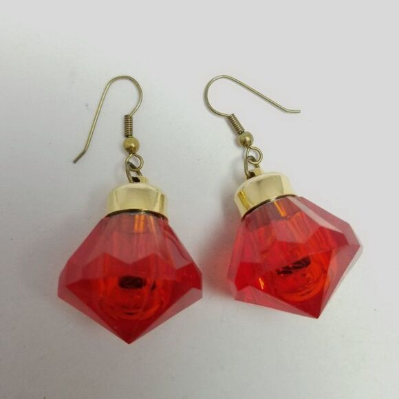 Vintage Bright Red Dangle Earrings, Christmas Ornament Style Shape, Plastic - Picture 1 of 6